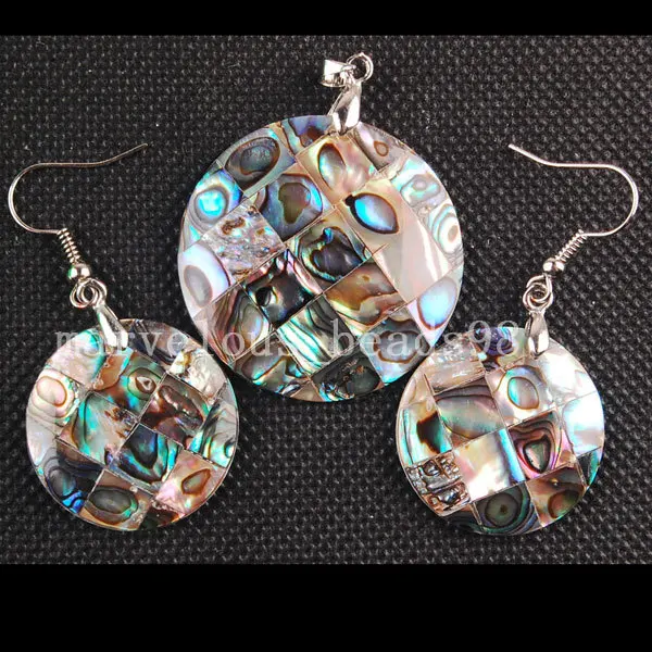 

Free shipping Fashion Jewelry New Zealand Abalone Shell Round Dangle Earring Pendant Set MC3252