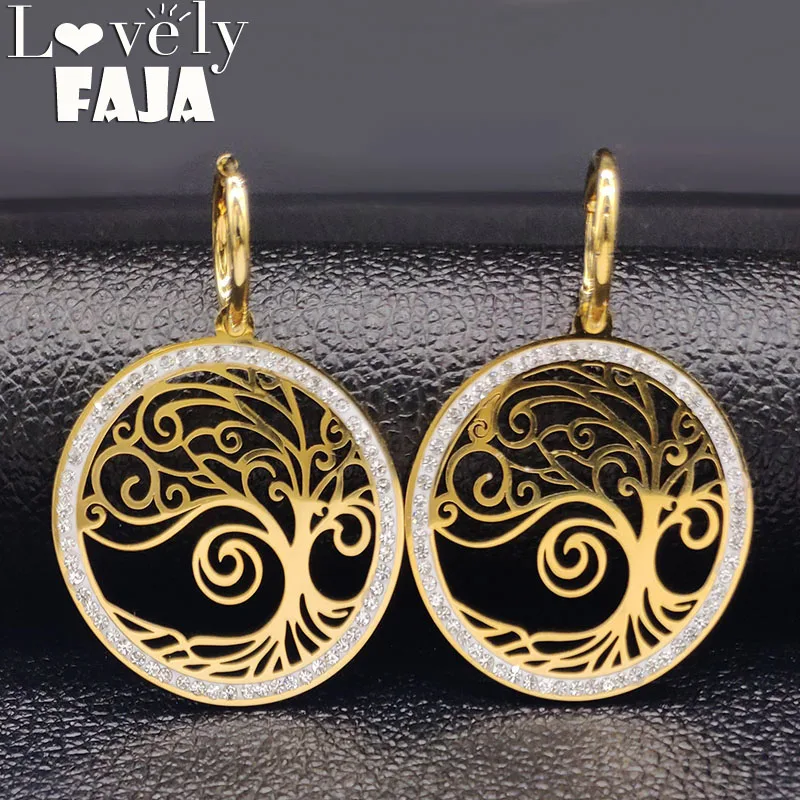 

2019 Tree of Life Crystal Stainless Steel Round Earrings Women Big Gold Color Hoop Earings Jewelry pendientes de aro E612780