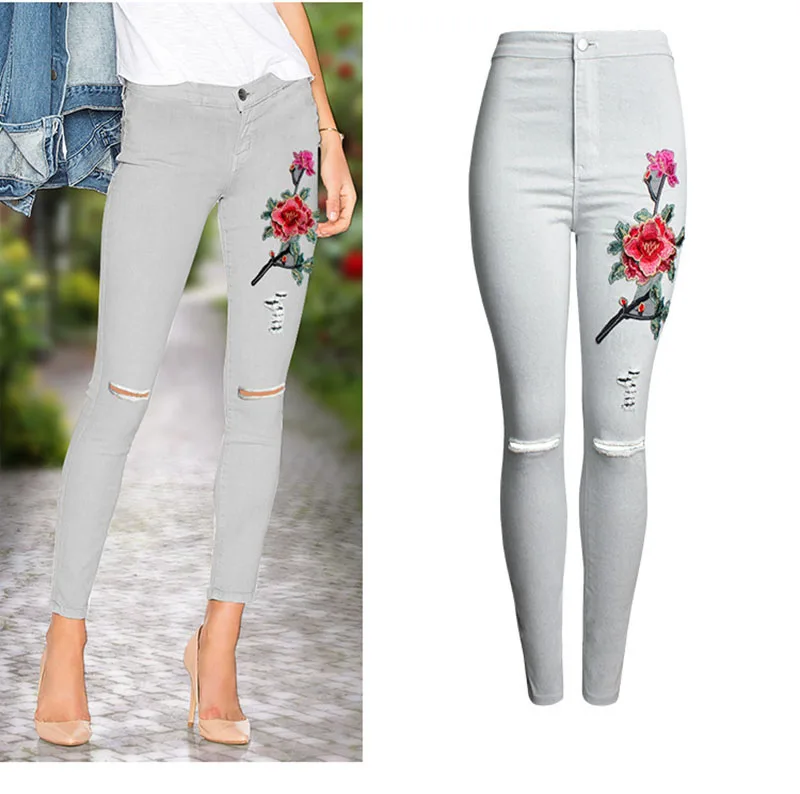 2017 Hot Fashion Women Clothing White Jeans 3D Embroidery Slim Feet Pants Jeans Knee Hole Female Pencil Pants Trousers Leggings (12)