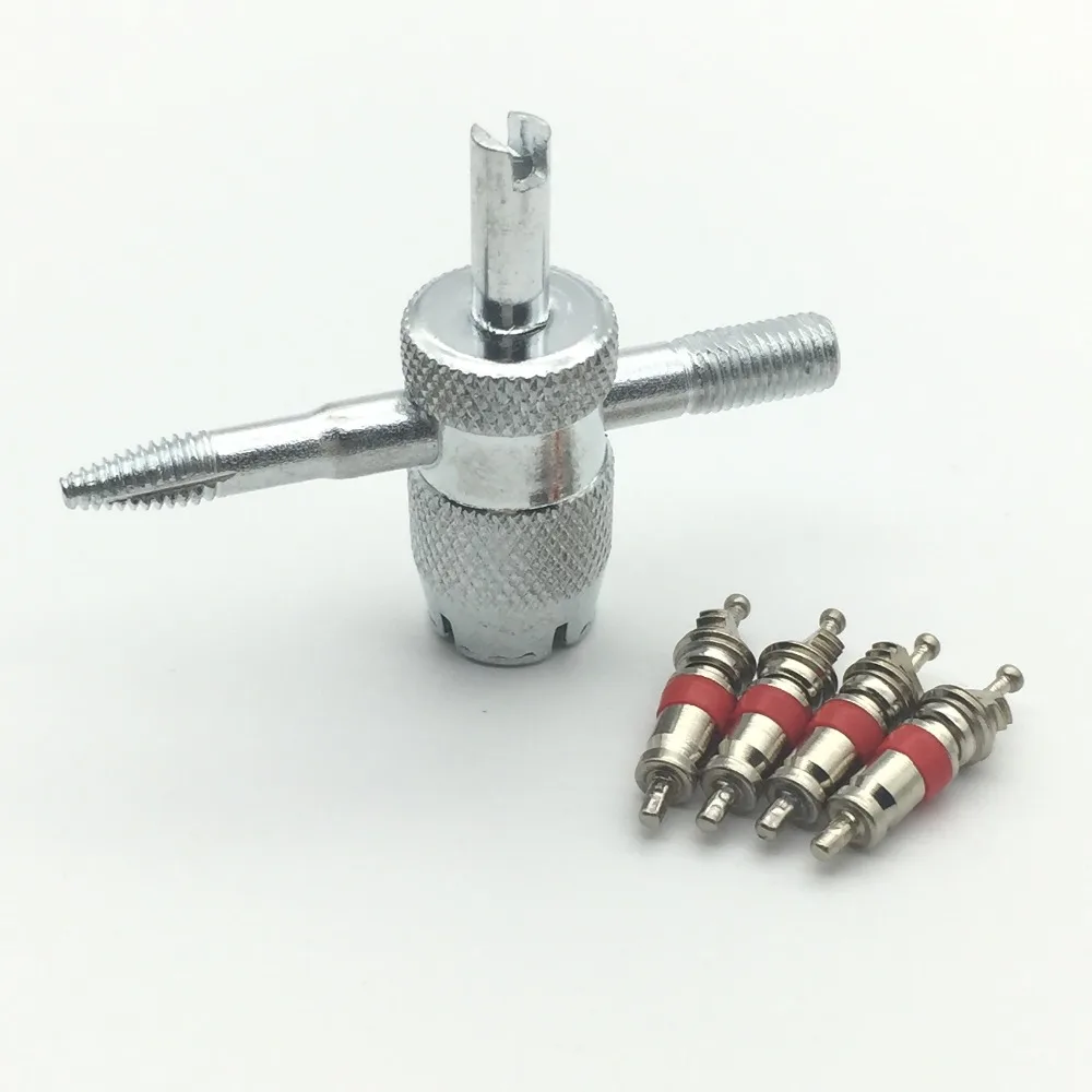 1 Set(5pcs),1 X Professional 4 Way Valve Tool & 4 X Brass Tire Valve