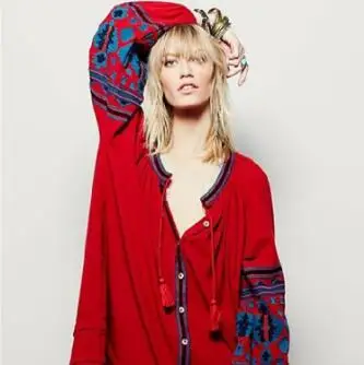 

2018 Hippie Boho Retro Style Emboriderey Long Shirts Dress Female Lantern Sleeve Loose Lace-up Vintage Blouses Women Tops ZN101