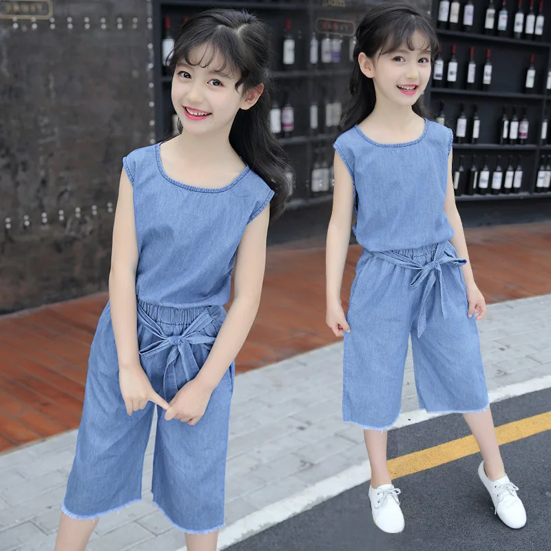 

Teenager Girls Summer Denim Short Sleeve T Shirt +Shorts 2pcs Clothing Sets Tracksuit For Girls School Cowboy Clothes Set New