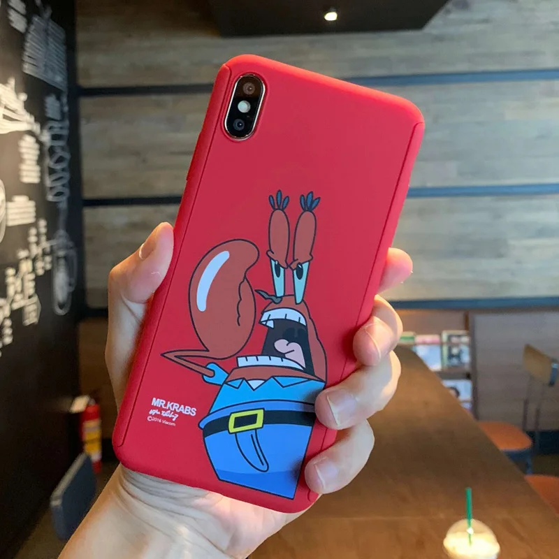 

For iPhone XS Max 360 case, Cute Cartoon SpongeBob F & B cover coque For iphone XR 8 8plus 6 6S 6Sp 7 7P Patrick Mr Krabs case