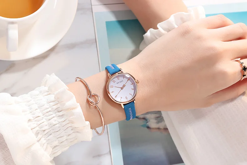 Модные кварцевые часы с ремешком из натуральной кожи с Микки Маусом для девочек, водонепроницаемые женские оригинальные часы disney, круглые красные часы - Цвет: BLUE   opp pack