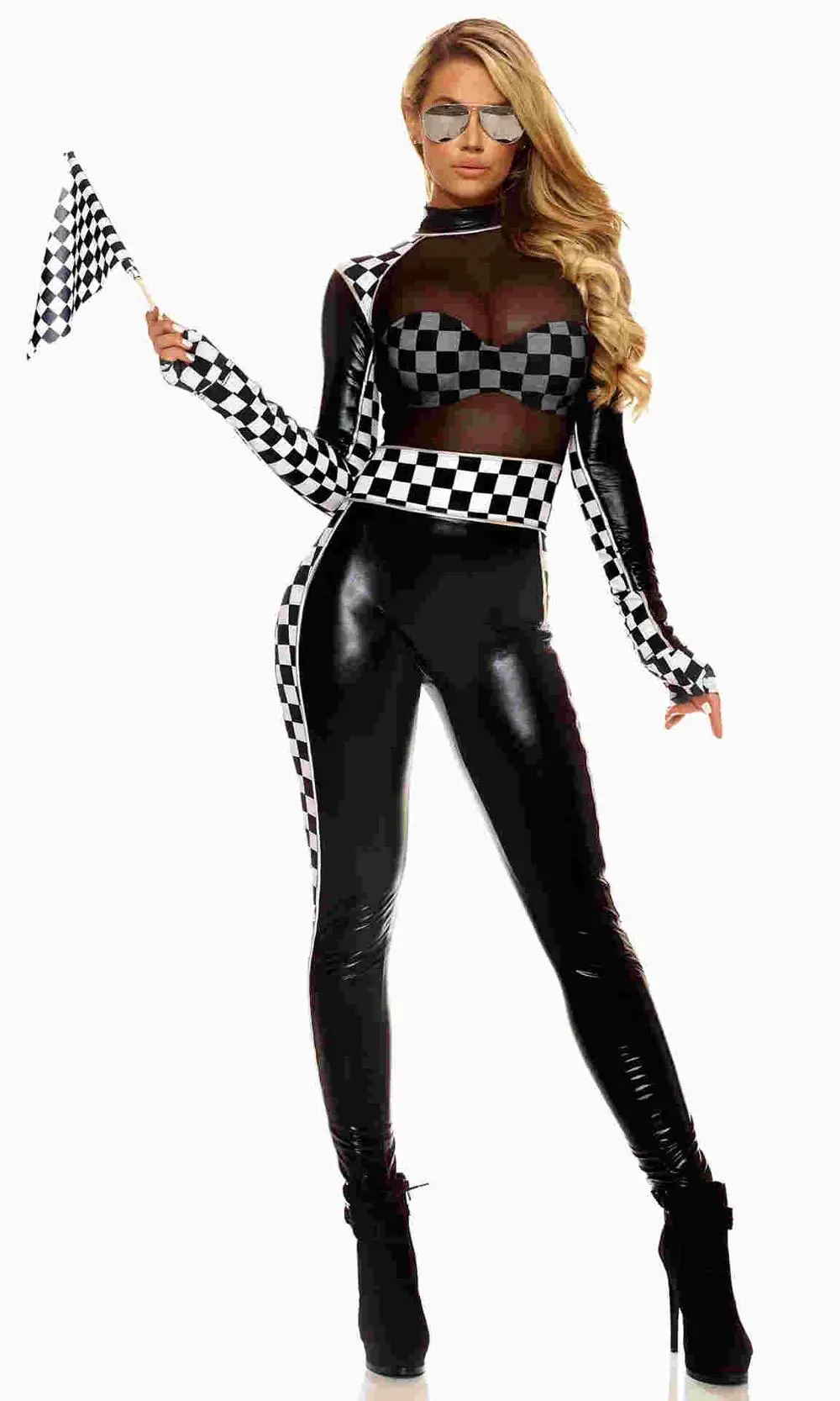 Женский сексуальный комбинезон из искусственной кожи для гоночных девушек, экзотический комбинезон с длинными рукавами для болельщиков, автомобильный костюм для гонщиков - Цвет: Черный