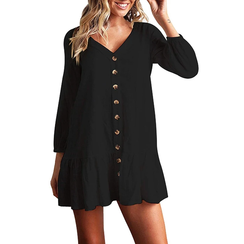 Women Dress Female Casual Mini Button Up Autumn Dress Women A Line Pleated Long Sleeve Dress