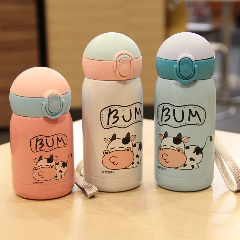 

Bpa-free 300ml Baby's drinking 304 Stainless steel straw thermos cup portable rope mini Vacuum Flask Cartoon tea water Bottle