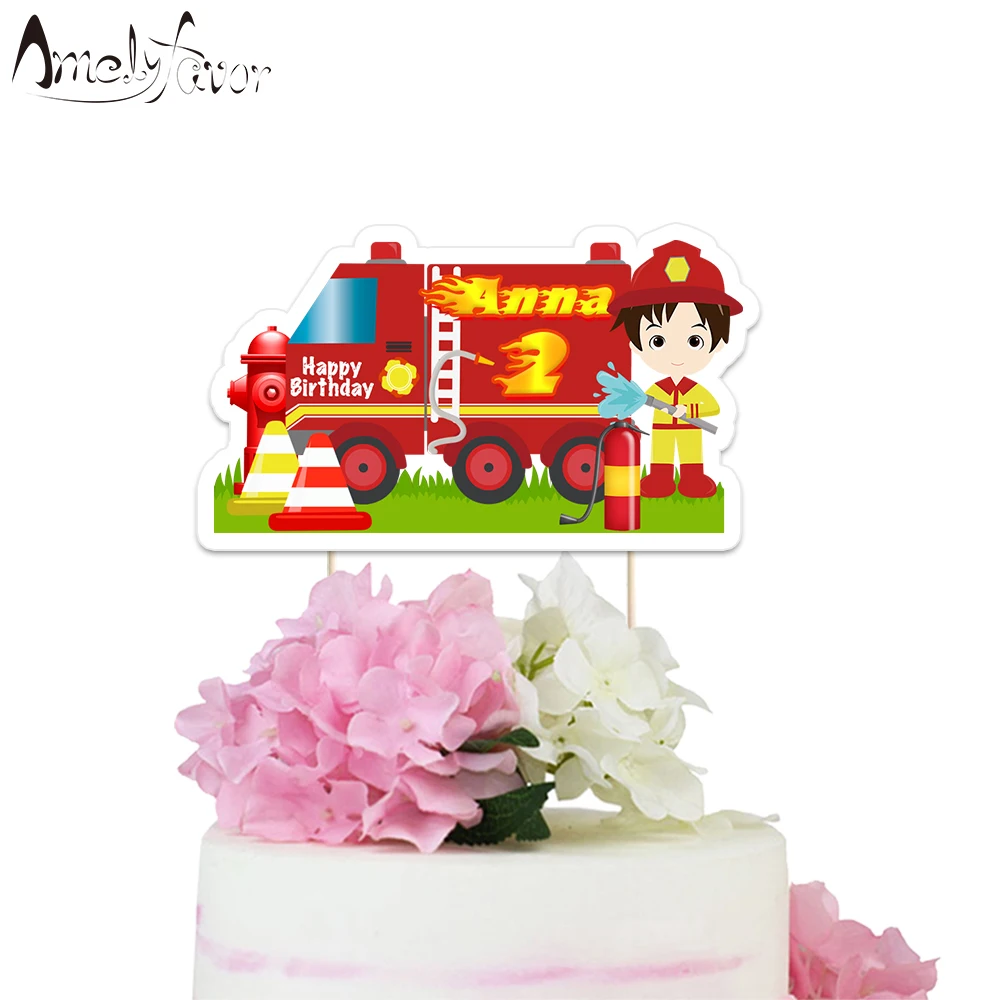 

Fire Truck Theme Paper Cake Topper Birthday Party Decoration Supplies boy Firefighter Cake Topper Event Party Custom-Made