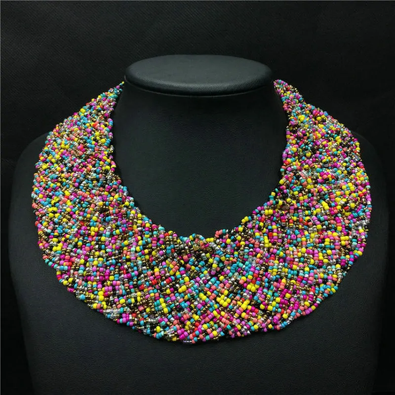 

Bohemian Handmade Woven Colorful Beaded Exaggerated Multilayer Statement Necklace For Women Dress Accessories