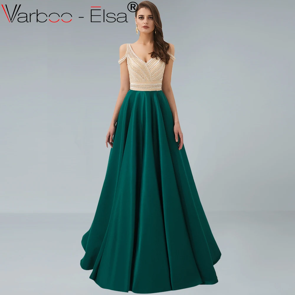 VARBOO_ELSA Green Long Evening Dress 2019 Satin Off ...