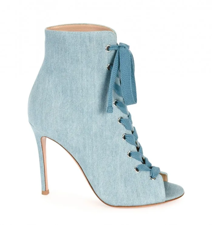 New fashion denim blue lace-up boots sexy open toe jeans boots woman high heel ankle boots summer gladiator boots