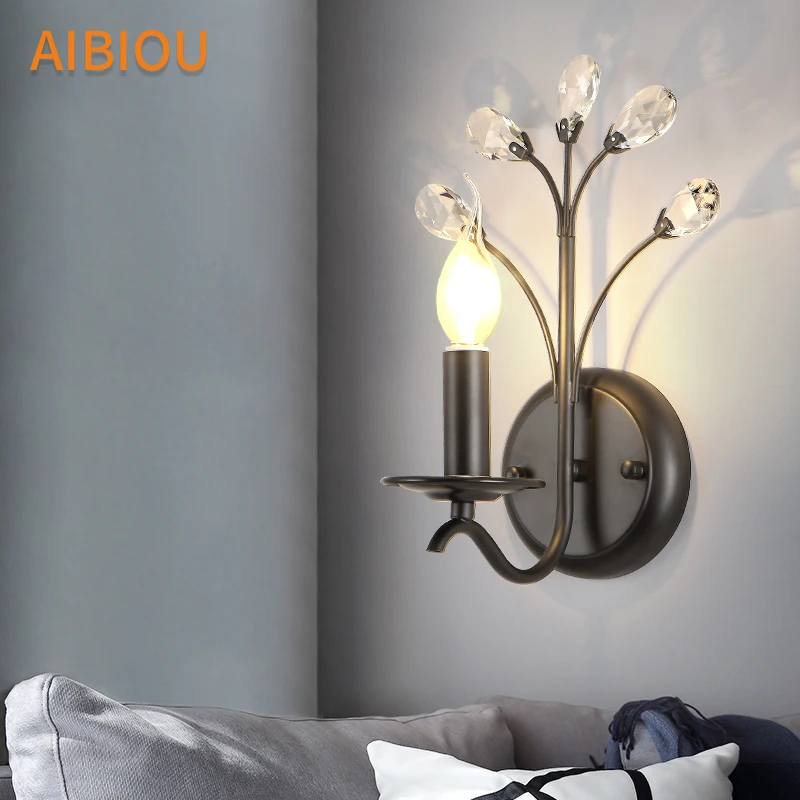 

AIBIOU Modern Led Wall Lights With Metal Lamp Body For Bedroom Crystal Decor Wall Lamp Black Wall Sconce Candle Lighting Fixture