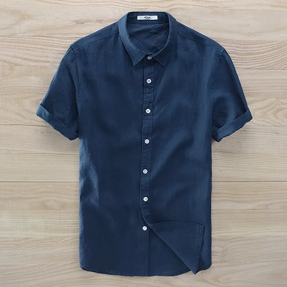 Новое поступление, летняя льняная рубашка с коротким рукавом, Мужская брендовая модная льняная рубашка с отложным воротником, небесно-голубая рубашка, Мужская сорочка - Цвет: dark blue