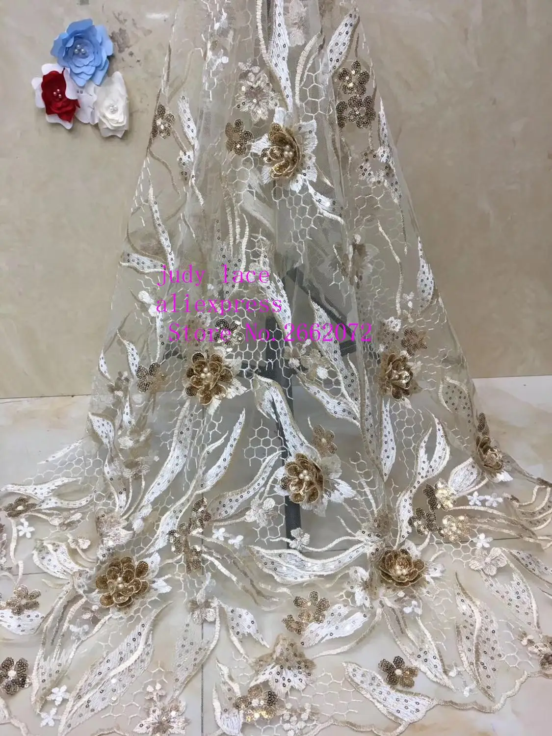 

stock 5yards/bag XC76# 6 color embroidery sequins three-dimensional flower pearl fashion fabric used for wedding dress