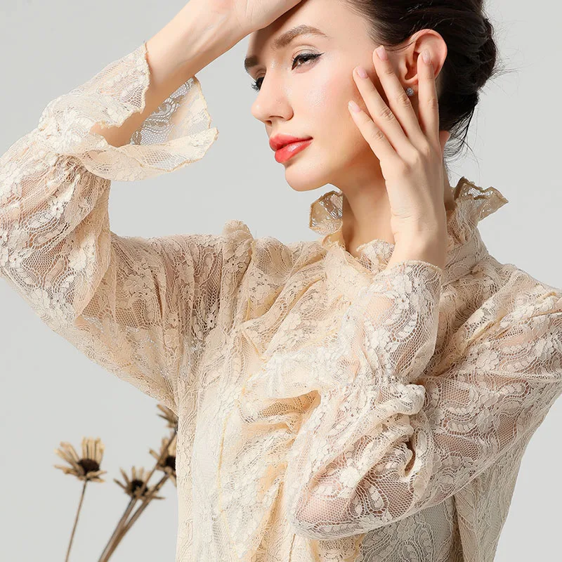 

Women Lace Shirt Ruffle Tops Stand Collar Perspective Sleeved Hollow Out Floral Shirts Elegant Single-breasted Summer Cardigan