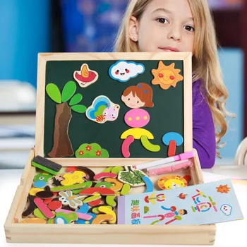 

Portable Cartoon Kid Magnetism Jigsaw Drawing Board Puzzle Set Double-face Wooden Box Development Educational Toy Magnetic Board