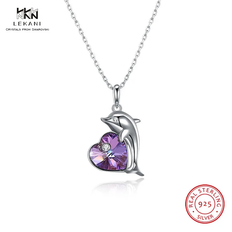

LEKANI Crystals From Swarovski Necklace Dolphin Heart Crystal Pendant Necklace 925 Ssterling Silver Jewelry Women Gift