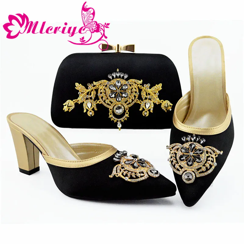 

Excellent party shoes and handbag fashion slipper and purse bag set with pearls GY31 in black , heel height 9cm
