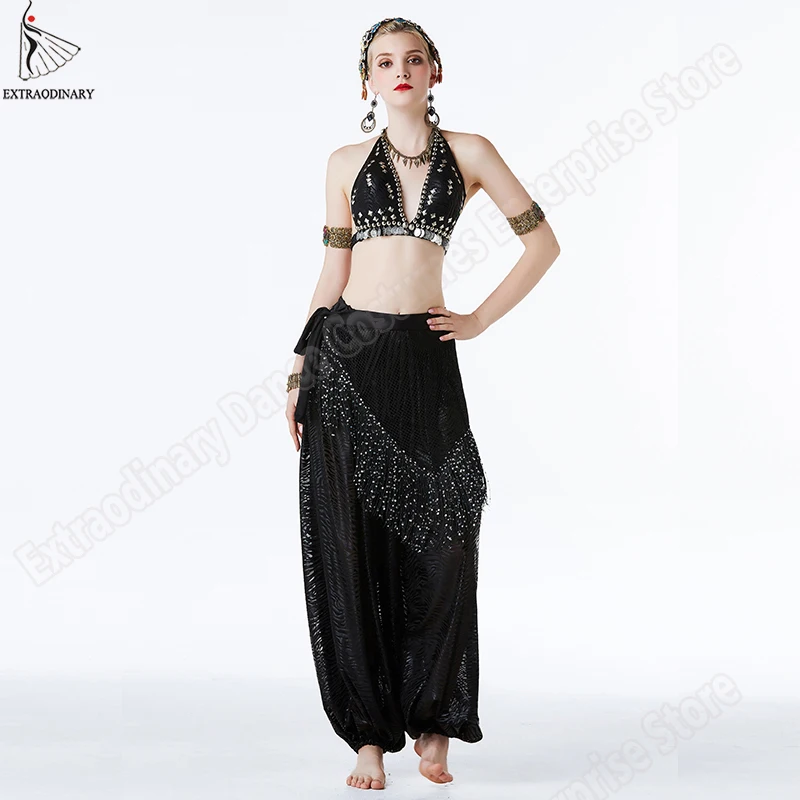 

New Women ATS Tribal Belly Dance Bra Belt pants Costume Set 3 pcs Push Up with Coin Gypsy Bellydance Hip Scarf Full Pantaloons