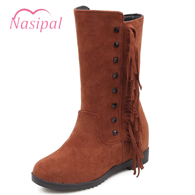 

Nasipal Women Half Height Increasing Boots Rivet Fringe Mid Calf Boots Casual Shoes Winter Boots Short Botas Women Footwear M346