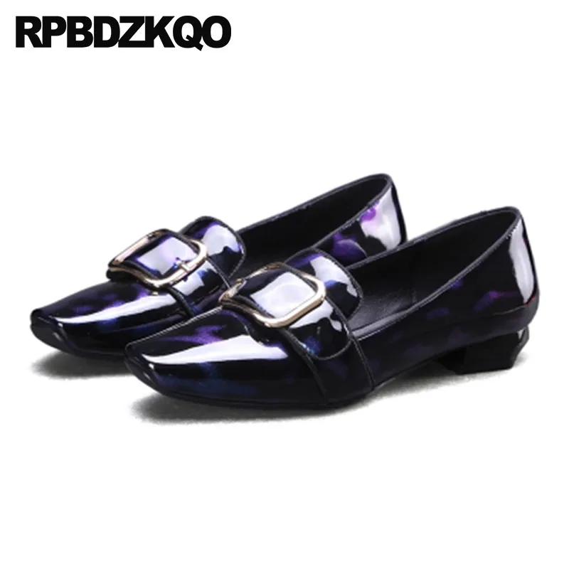 

Celebrity 2018 Patent Leather 10 42 Customized Women Genuine Size 4 34 Square Toe Metal Italian Dress Shoes Low Heels Thick Big