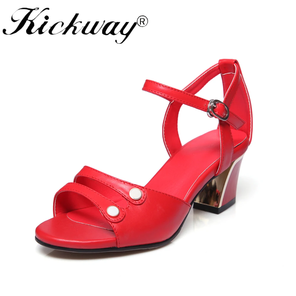 

Kickway Women med heel strap shoes Mid heel sandals large size 33-44 2017 fashion ankle strap women sandals real leather shoes