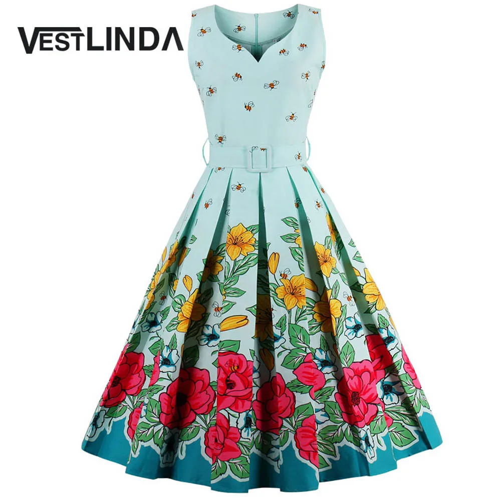 VESTLINDA Midi Floral Print Pin Up Dress Women Vintage Party Dresses with Belt A-Line Sleeveless Vestidos Plus Size Summer Dress 1
