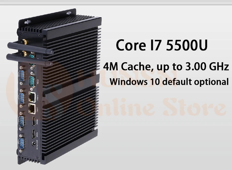 Безвентиляторный промышленный ПК, мини компьютер, Windows 10, Intel Core I7 5500U, [HUNSN MA05I], (двойной WiFi/2HD/4USB2. 0/4USB3. 0/2LAN/6COM)
