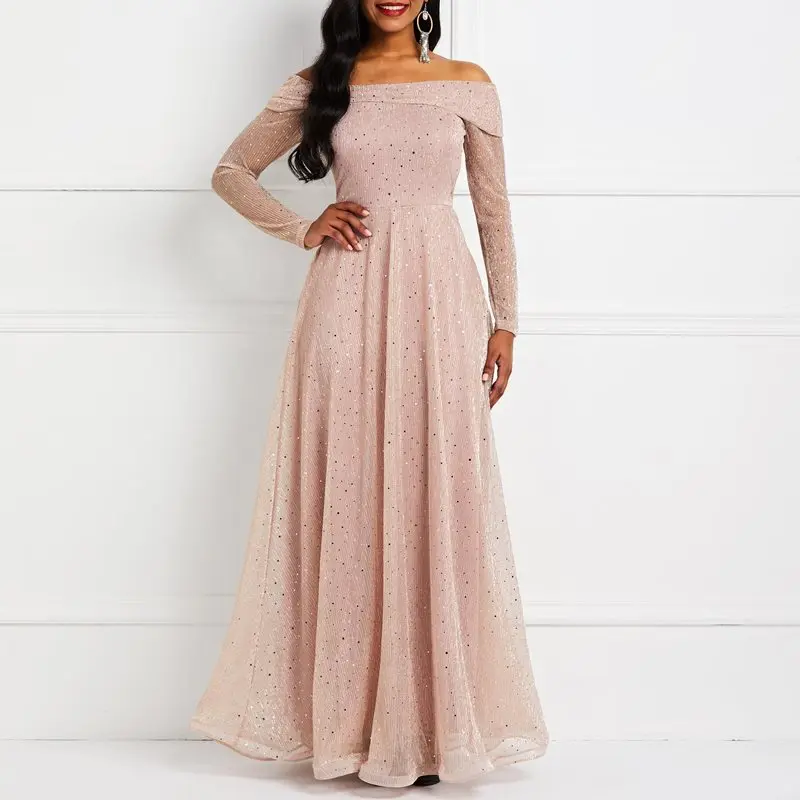 

Party Off Shoulder Sequins Maxi Dress Women Sexy Evening Summer See Through Mesh High Waist Big Swing Robe Elegant Long Dresses