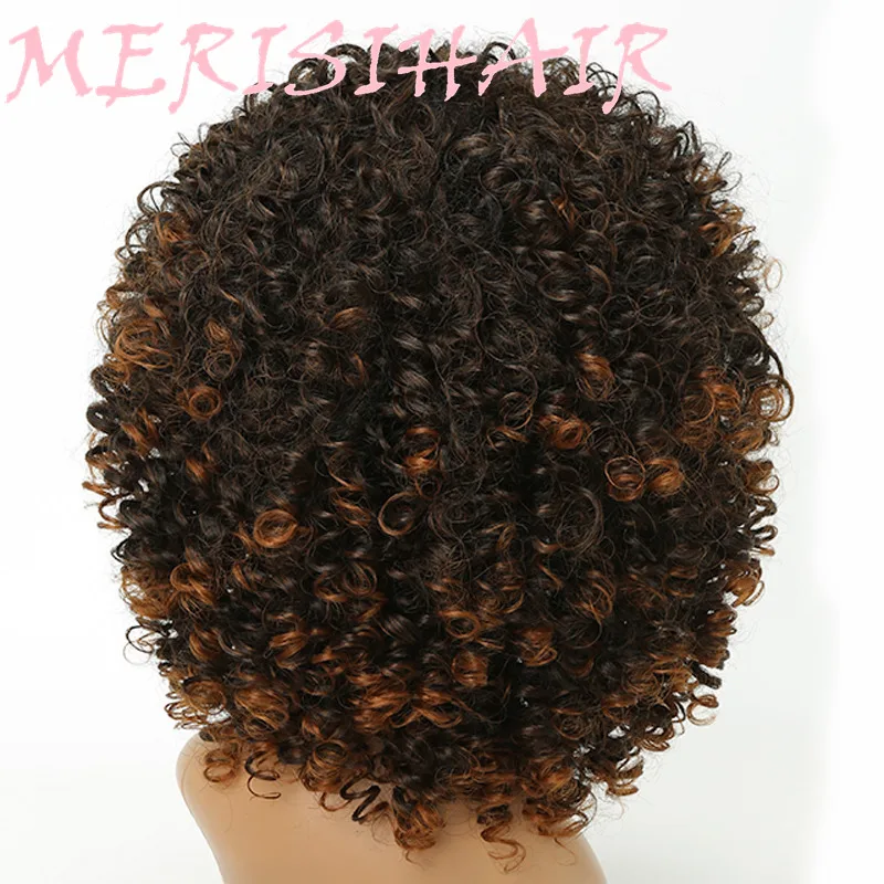 MERISI волосы 14 дюймов Короткие афро Kinkly вьющиеся парики для черных женщин черные смешанные коричневые цвета синтетические волосы африканская прическа