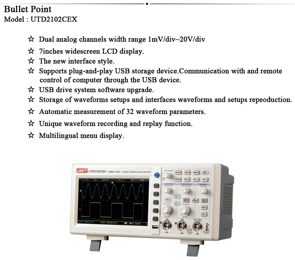 UNI-T UTD2102CEX 1GSa цифровой осциллограф " lcd 800*480 100 МГц 2 канала USB OTG интерфейс VS Hantek