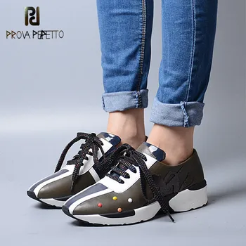 

Prova Perfetto Spring Autumn Casual Lace up Mixed Color Women Wedge Shoes Genuine Leather Thickness Bottom Pointed Toe Shoes