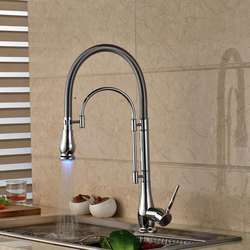 LED Color Chrome Finished Kitchen Faucet Single Handle with Bracket Bar LED Light Kichen Mixer Taps