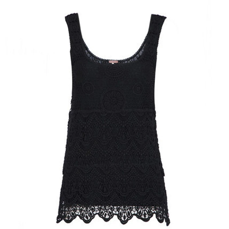 2018 Fashion Vest Women Casual Solid Black Lace Top Tees Hollow Out