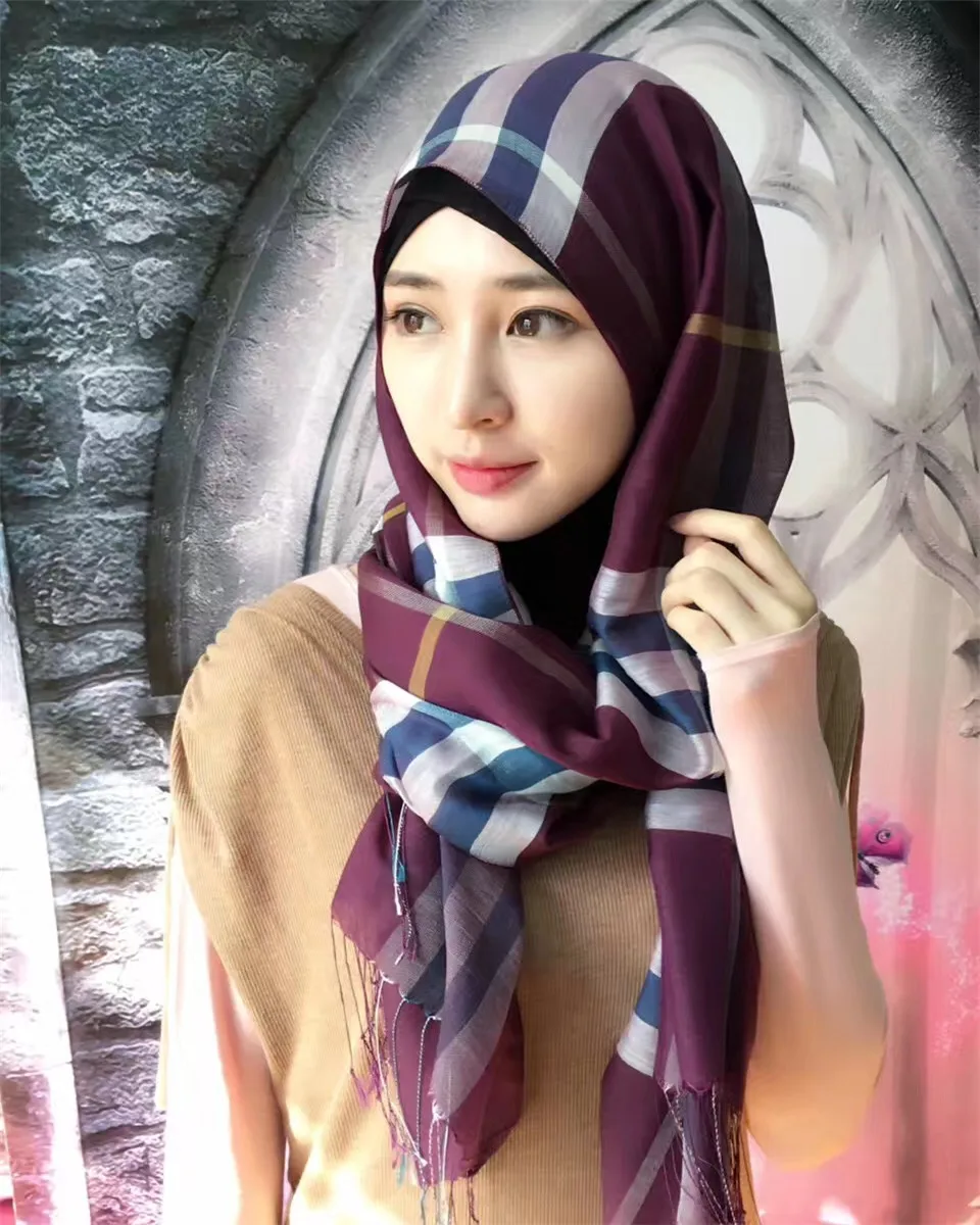 (12 pieces/lot) high quality soft silk cotton plaid muslim long scarf