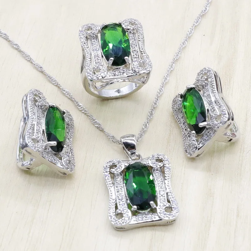 

Women Bridal Jewelry Sets 925 Sterling Silver Wedding Jewelry Earrings Ring Pendant Necklace Green Blue Orange Colors