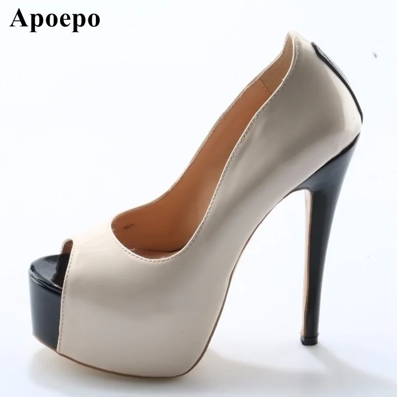 Newest Peep toe Women High Heel Shoes Sexy Platform Pumps Nude Patent Leather Dress Heels Super High Pumps Black Heels Shoes allbitefo hot sale patent leather high heels platform women pumps high heel shoes women shoes spring shoes sapatos femininos
