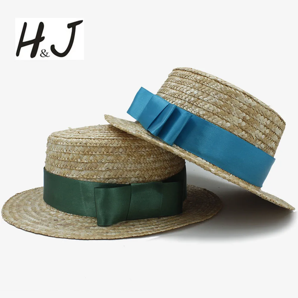 

Fashion Women Toquilla Straw Boater Summer Beach Sun hat For Elegant Lady Queen Bowknot Ribbon Round Flat Top Panama Hat