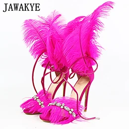 Г., женские босоножки для подиума, украшенные стразами, кисточками и перьями однотонные женские вечерние туфли с открытым носком на очень высоком тонком каблуке-шпильке - Цвет: rose red