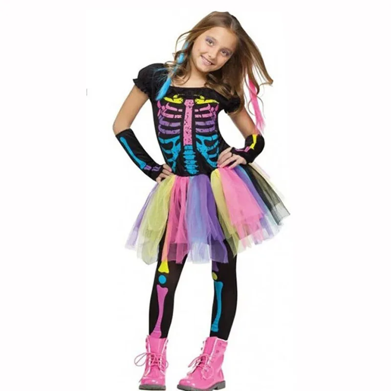 Adult kid girl Halloween party skeleton costume children rainbow