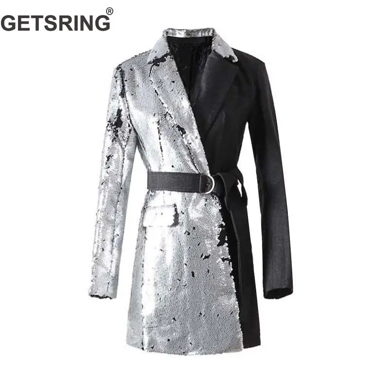 

GETSRING Women Trench Coat Sequins Spliced Asymmetry Windbreaker All Match Female Overcoa Long Sleeve Lace Up Long Coat Autumn