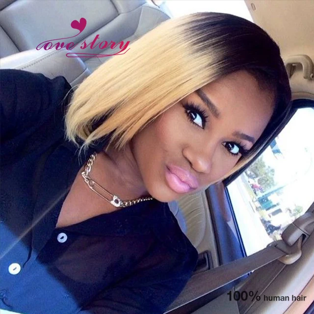 Ombre Lace Front Human Hair Wigs Bob Dark Root Blonde 130 Density