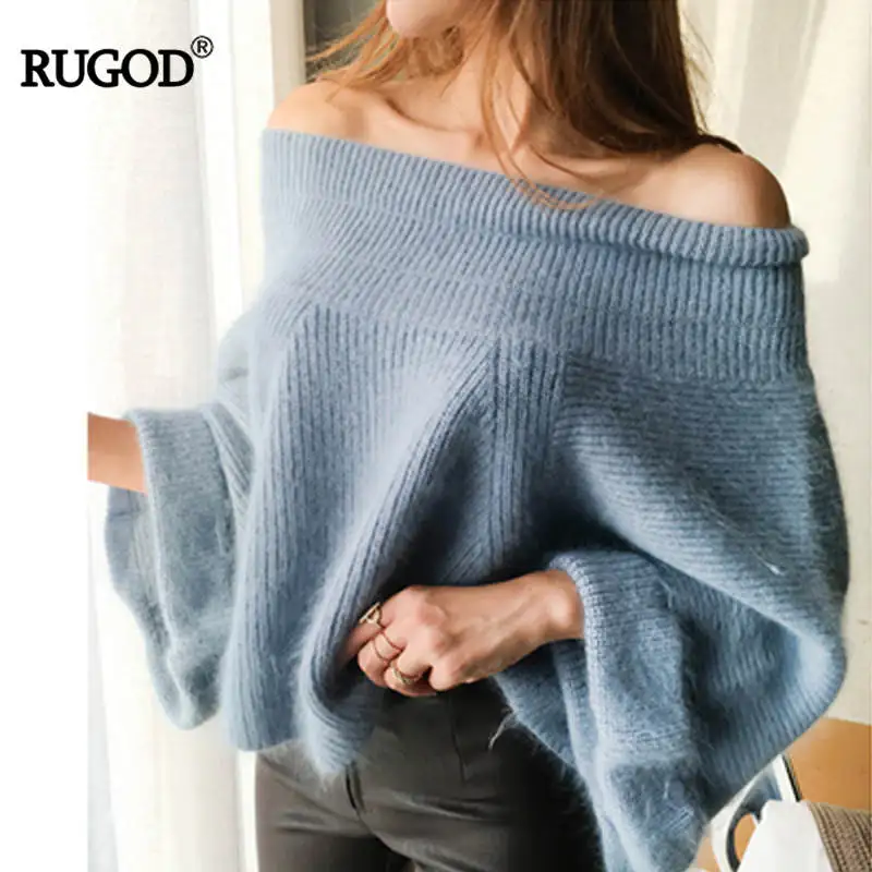 RUGOD, Новое поступление, сексуальный, свободный, с вырезом лодочкой, простой Женский пуловер с расклешенными рукавами, с открытыми плечами, норковый, кашемировый женский свитер - Цвет: Синий