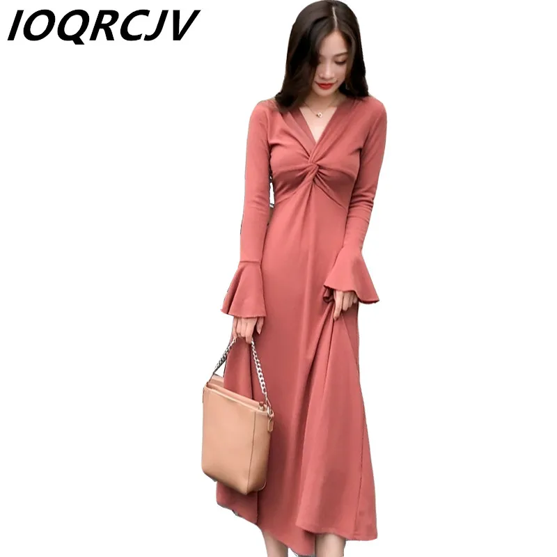 

Spring Autumn New Knitted Dress Womens Elegant Sexy Slim Solid Long-Sleeve A Line V Neck Long Knitted Sweater Dress Vestidos