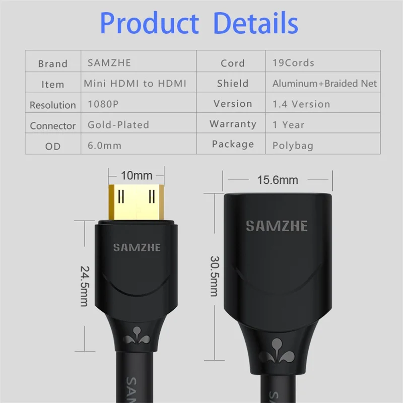 SAMZHE 1080P MiniHDMI к HDMI мама-папа 0,3 м для компьютера HDMI Расширение к ноутбуку камера проектор передача данных