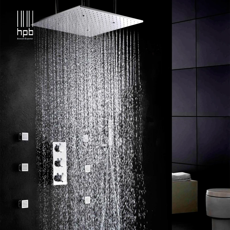 

HPB luxury 20inch 50x50cm stainless steel shower head bathroom thermostatic mixer rain shower set ceiling mounting 009-20W-F