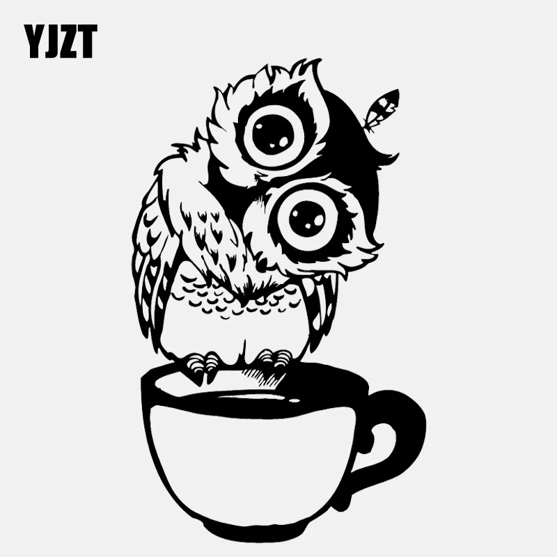 

YJZT 8.7CM*14.3CM Funny Cartoon Owl Cup Of Tea Vinyl Black/Silver Car Sticker C22-0952