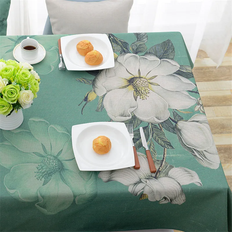 

Rural cotton linen tablecloth green bottom flower waterproof cotton and linen rectangular tablecloth printing coffee table art