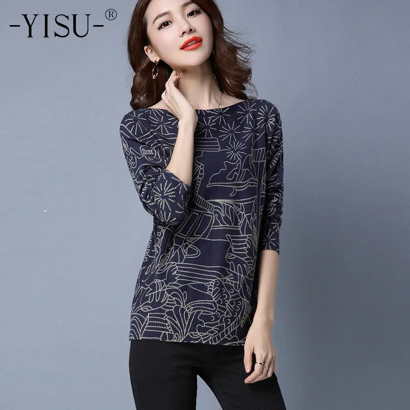 

YISU Printed sweater 2018 Autumn Women Casual New Fashion pattern print Long Knitted Sweater Pullovers Female Soft sweater