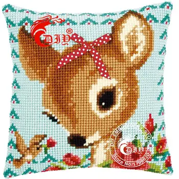 

Chunky Cross Stitch Cushion Cover BAMBI WITH BOW Pillow Case Pre-printed Canvas Acrylic Yarn Kits for Embroidery Cushion Front
